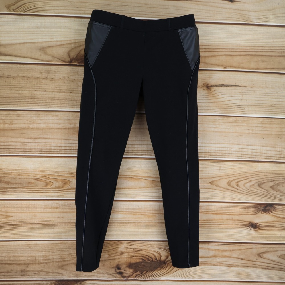 Worthington‎ Leggings Womens Size M Black Leather Accents Stretch Waist Mid Rise